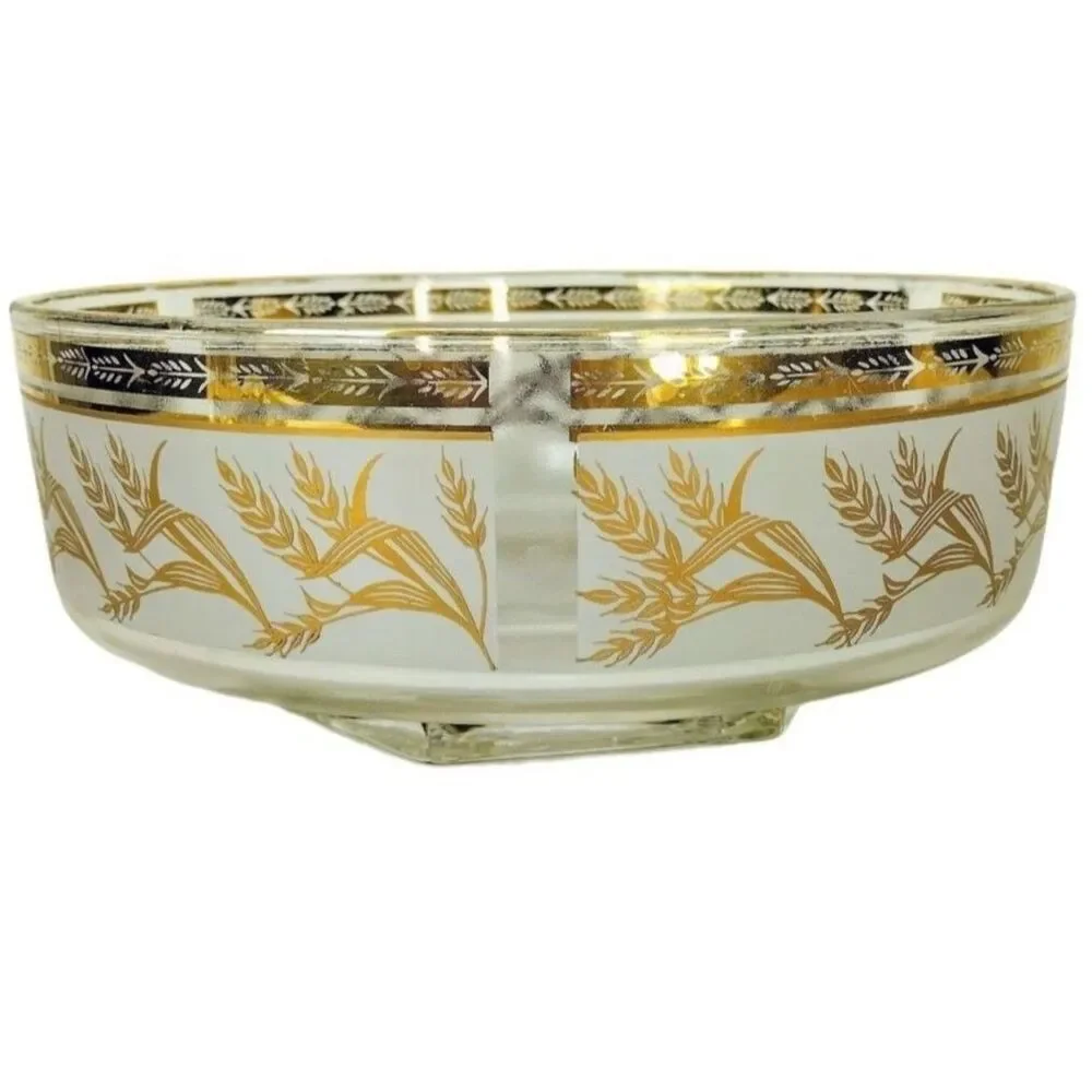 Vintage 60s MCM Gold Wheat Heavy Bottom Frosted Glass Pedestal Chip Bowl